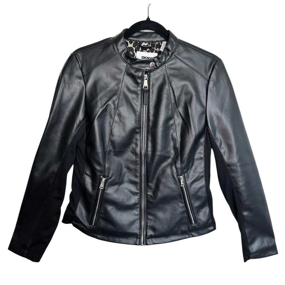 DKNY Black Faux Leather Moto Jacket Leopard Lining M NWOT $150 MSRP Going Out